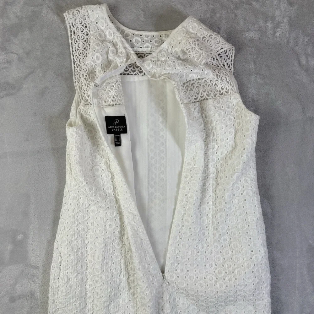 Adrianna Papell Mixed Lace Cotton Shift Dress Size 10 White Sleeveless High Neck